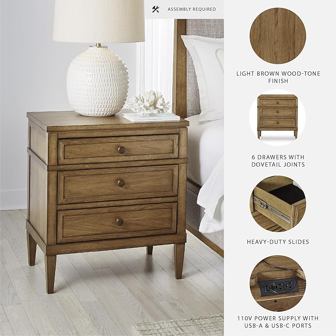 Signature Design by Ashley Sharlance Casual 3-Drawer Nightstand with Felt-Lined Top Drawer, Power Supply and USB Ports for Bedroom, Light Brown