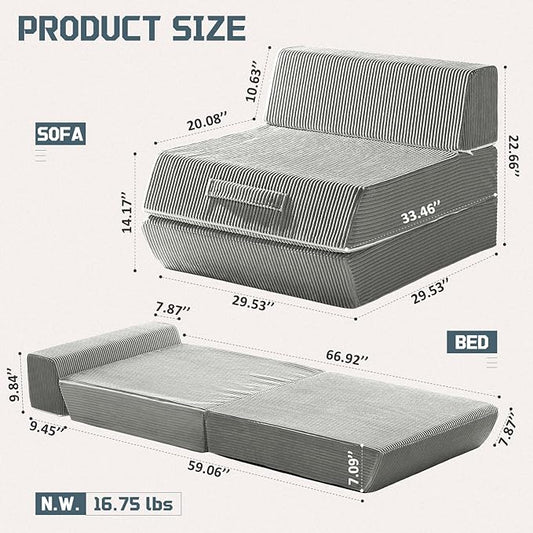Trenda Folding Sofa Bed, 16lbs Convertible Sleeper Chair with Removable Back Pillow & Handle, Washable Cover Solid Foam Fold Out Chair Bed for Living Room, Apartment, Guest, Single, Light Grey