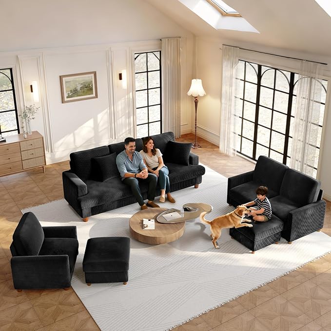 Welzona 25.2" Couches for Living Room, Comfy Black Ottoman with Storage, Foot Rest Tool-Free Setup, Small Ottoman Foot Rest for Couch, Corduroy Couch for Bedroom, Apartment, Office