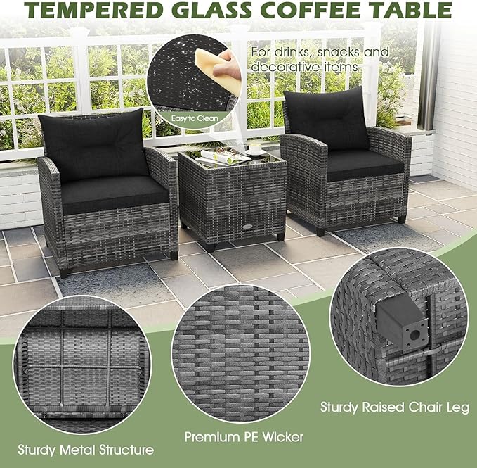 LDAILY Patio Furniture Set, 3 Pieces PE Rattan Wicker Patio Sofa Chairs with Washable Cushion & Glass Table, Outdoor Furniture Conversation Sets for Porch, Balcony, Garden, Poolside (Black)