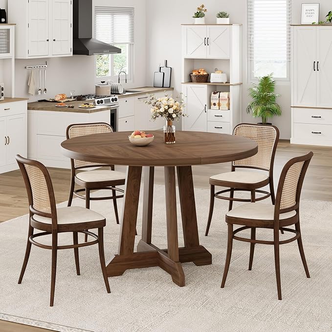 IDEALHOUSE Round Dining Table for 4, 47 Inches Dining Room Table with Wooden Base, Kitchen Table with Circle Tabletop, Dinner Table for Dining Room, Kitchen, Living Room, Brown