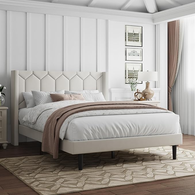 Full Size Bed Frame with Velvet Upholstered Headboard, Platform Bed Frame No Box Spring Needed, Modern Bedframe with Strong Wooden Slats, Beige