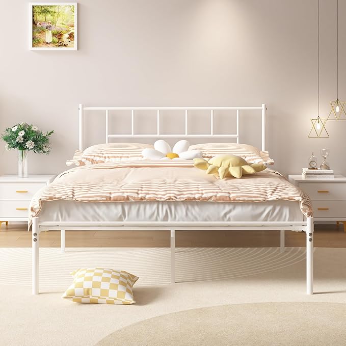 VECELO Full Metal Platform Bed Frame with Headboard, Heavy Duty Steel Slat Support, Under Bed Storage,No Box Spring Needed, Easy Assembly