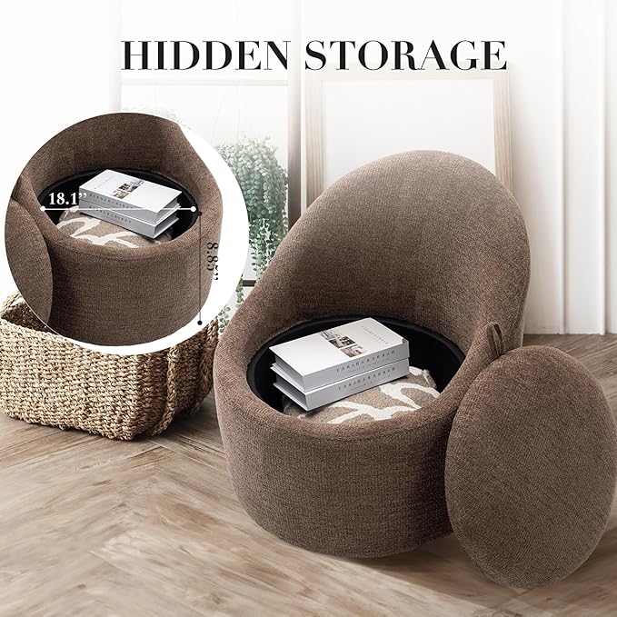COLAMY Swivel Accent Chair, 360° Swivel Chair with Hidden Storage, Modern Small Barrel Swivel Armchair for Living Room/Bedroom, Brown