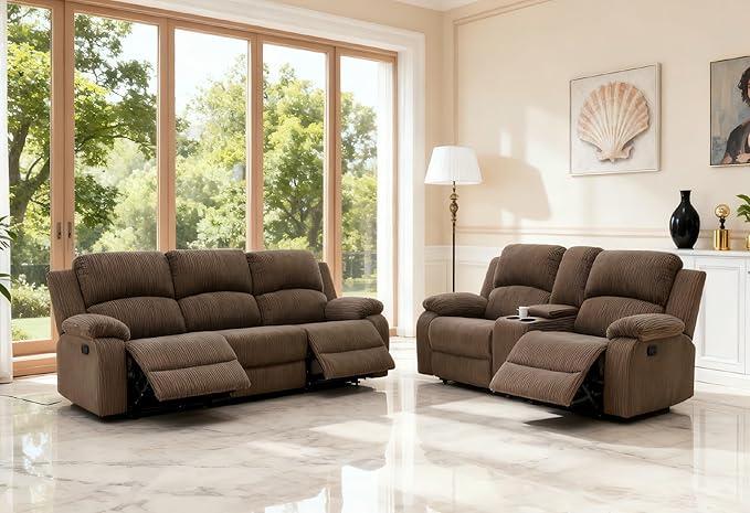 Reclining Sectional Sofa Set with Cup Holders, 2PCS Living Room Furniture Sets, Corduroy Recliner Sectional Sofa Set with Drop-Down Table, Storage Console, Reclining Couches for Living Room