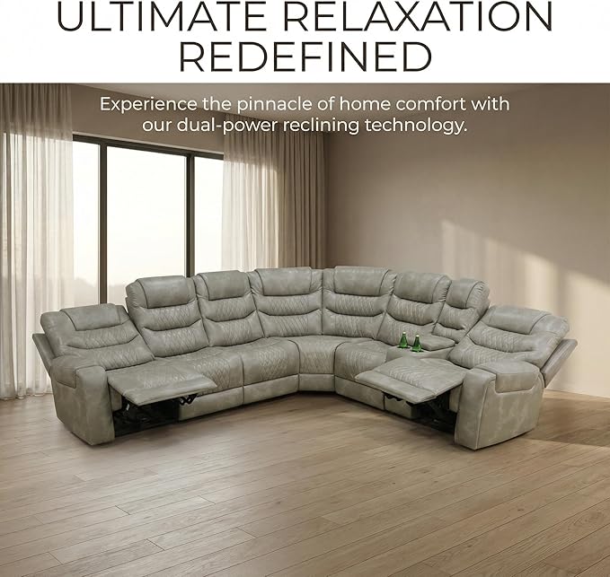 Power Recliner Sectional Sofa with LED Lighting, Breathing Leather Corner Couch with USB Port and Storage Console, Cup Holders– Home Theater & Living Room Seating(Grey)