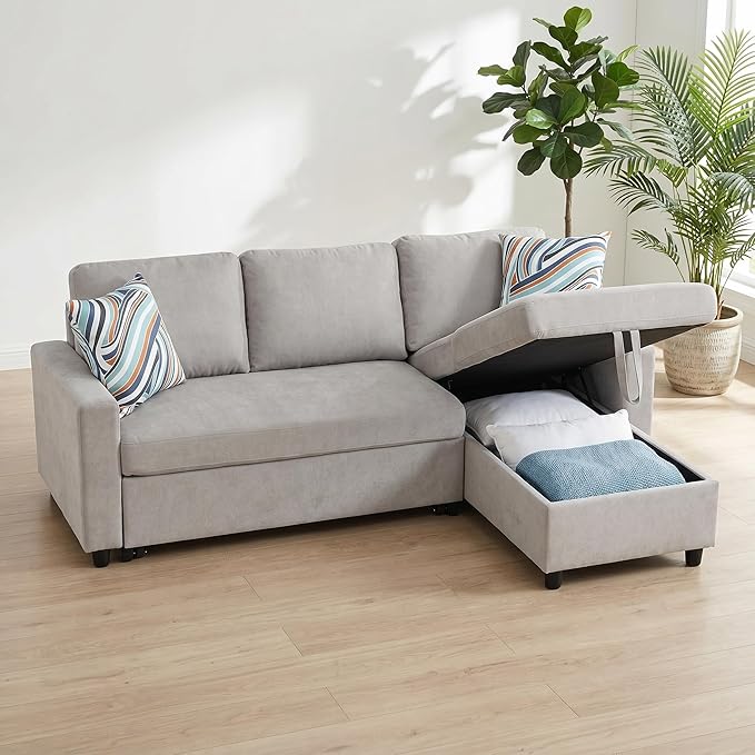 Pull Out Couch, L Shaped Sectional Couch with Pull Out Bed, Convertible Sofa Bed with Storage Chaise, Queen Size Sleeper Sofa, Sofa Bed Couch, Sleeper Sofa with Storage, Gray