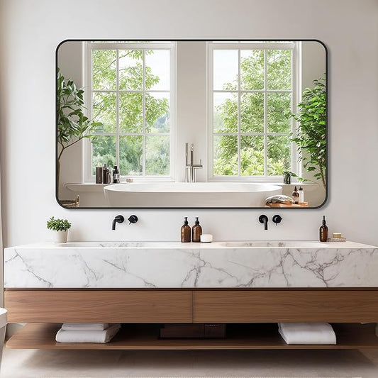 Bathroom Mirrors for Over Sink 48" x 30", Black Metal Frame Rounded Corner Rectangle Wall Mirror, Modern Farmhouse Vanity Mirror(Horizontal/Vertical)