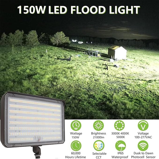 2Pack Dusk to Dawn Outdoor 150W LED Flood Light with Knuckle & Plate Mount, 3000K/4000K/5000K Color Selectable, ETL Commercial LED Security Lighting