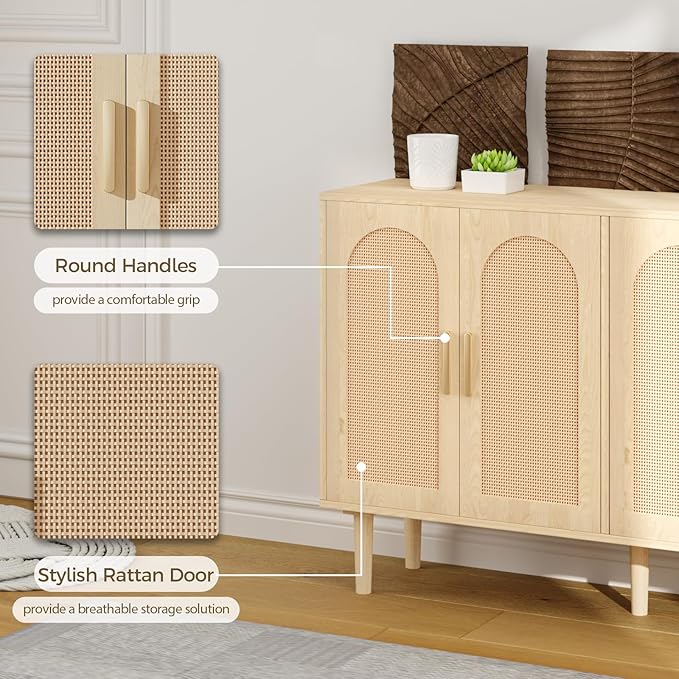 Modern Rattan-Door Sideboard Cabinet – 4-Door Credenza Buffet with Ample Storage, Large Accent Cabinet for Entryway, Living Room, Dining Room & Kitchen, Natural