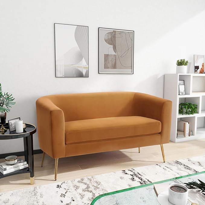 Christopher Knight Home Indoor Glam Fabric Upholstered Loveseat for Living Room,Tub-Design 2-Seater Sofa with Removable Seat Cushion and Tapered Steel Legs, Turmeric Yellow and Gold