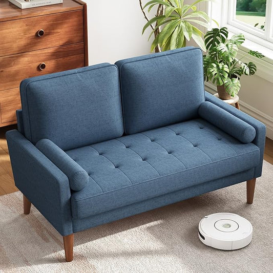 Vesgantti Loveseat Sofa with Solid Wood Legs, 48" Small Couches for Small Spaces, Love Seat for Living Room, Bedroom, Easy Assembly Mid Century Modern Couch with Throw Pillow for Apartment, Blue