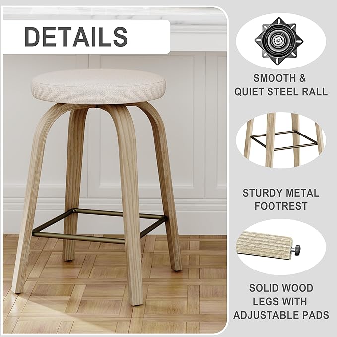 Bar Stools Set of 2, Counter Height Backless Bar Stools, 26" Swivel Barstools Kitchen Chair with Upholstered Fabric Seat, Beige