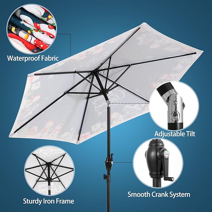 Seazul 7.5FT Christmas Patio Umbrella, Outdoor Table Umbrella with Push Button Tilt and Crank, Market Umbrella with 6 Steel Ribs, Dark Teal