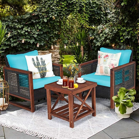 Tangkula 3 Pieces Patio Wicker Furniture Set, Rattan Outdoor Sofa Set w/Washable Cushion & Acacia Wood Coffee Table, Conversation Bistro Set for Garden Balcony Backyard (Turquoise)