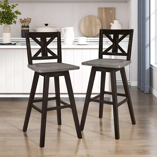 Lexicon Bar Height Bar Stools Set of 2-Solid Wood Frame 360° Swivel Wooden Stools, Foot Rest, X Back, Wide Seat, Distressed Farmhouse Easy to Clean Finish, 28.5" SH, Antique Black/Grey