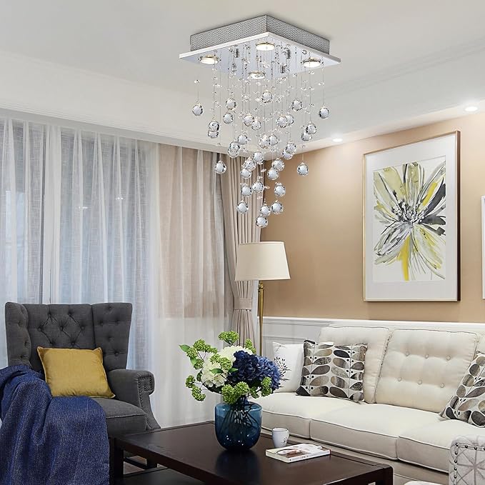 Bestier Chrome Modern Crystal Square Raindrop Chandelier Lighting Flush Mount LED Ceiling Light Fixture Pendant Lamp for Dining Room Bathroom Bedroom Livingroom 4 GU10 Bulbs Required 12" Wide 20" High