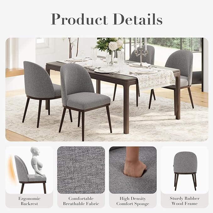 Upholstered Dining Chairs Set of 6, Large Dining Room Kitchen Chairs with High Back and Deep Seat, Modern Fabric Dinner Chairs with Wood Legs, Dark Grey