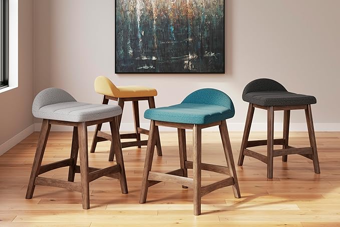Signature Design by Ashley Lyncott Contemporary Counter Height Upholstered Bar Stool with Foam Cushion, Set of 2, Fabric Upholstery, 24.25", Light Gray & Brown