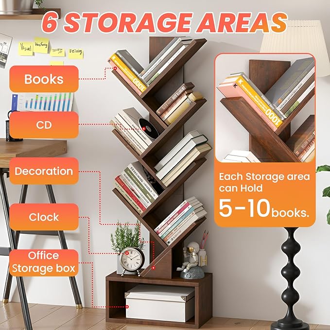 FDW 7 Tier Tree Bookshelf, Rustic Brown Floor Standing Bookcase with Storage Cabinet, Tall Narrow Bookshelves Organizer for Bedroom/Living Room/Home Office Corner