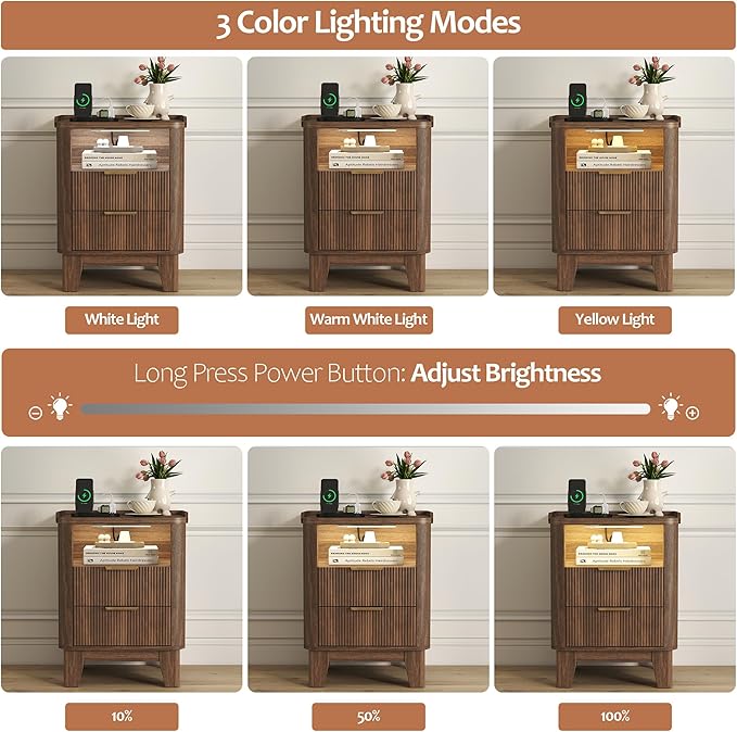 Night Stand with Charging Station, Fluted Nightstand with 2 Drawers and LED Light, Wood Bedside Table with Open Storage for Bedroom, Walnut