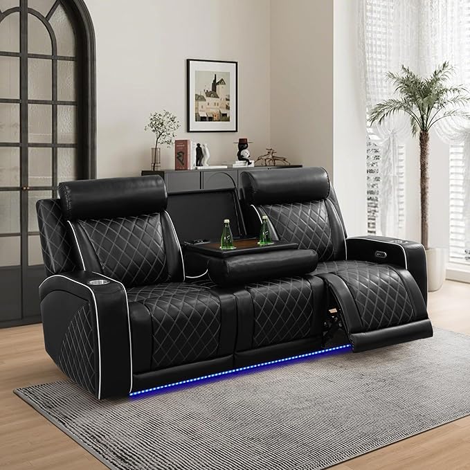 Power Recliner Sofa Set for Living Room, Breathing Leather Reclining Sofa with LED Lighting, Cup Holders, Storage Console&USB Port for Home Theater Seating (Black#2)