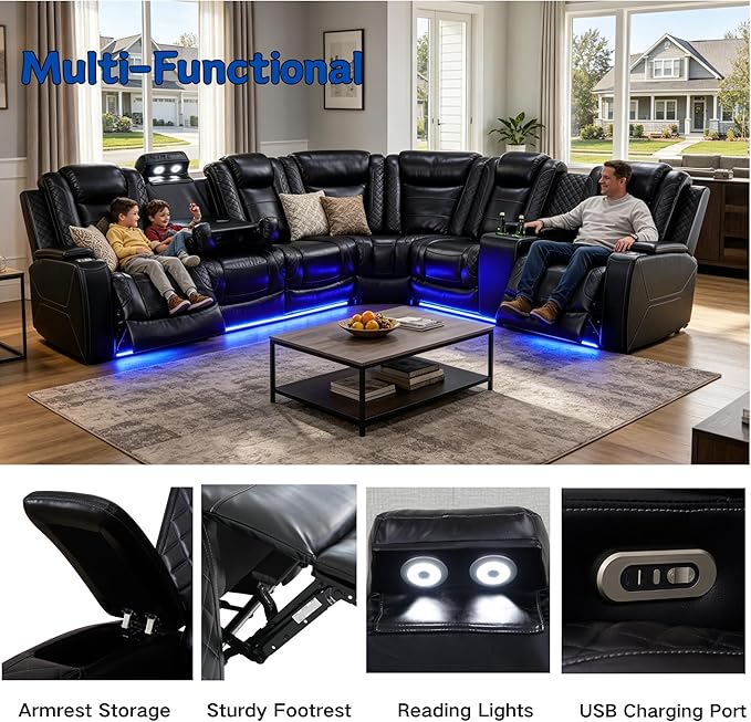 Power Recliner Sectional Sofa with LED Lights & Reading Lamps, Breathing Leather Corner Couch with USB Charging, Storage Console & Cup Holders in Every Armrest, Home Theater Seating for Living Room