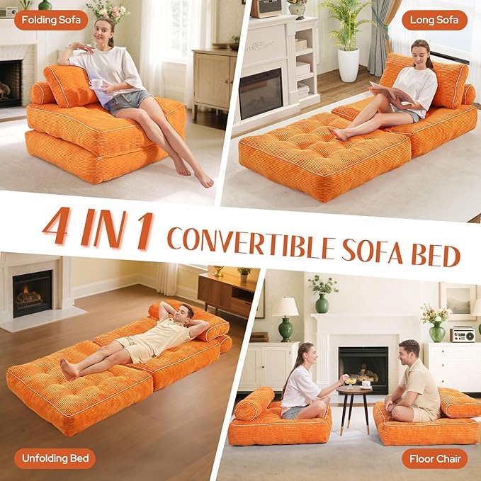 HABUTWAY Folding Sofa Bed, Convertible Sleeper Chair Bed w/Dual-Pillow & Handle, Foldable Floor Sofa Lounge w/Back Support for Living Room, Bedroom, Apartment, Office, Single, Orange