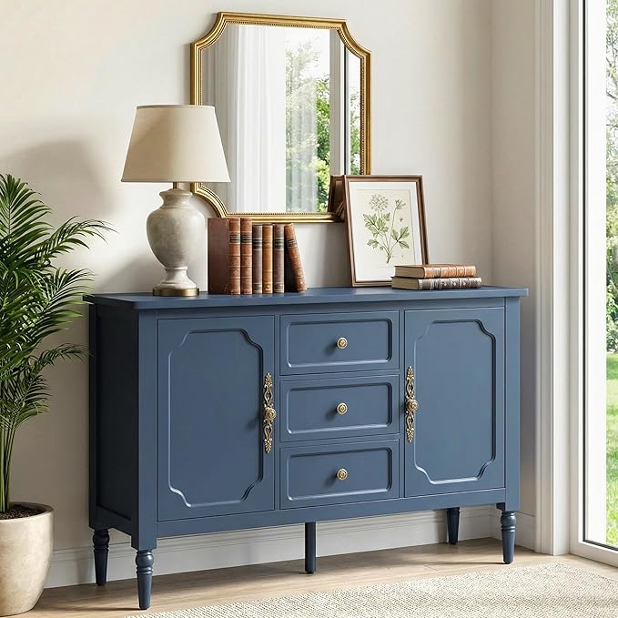 RoyalCraft Buffet Cabinet with 3 Drawers & 2 Doors, Vintage Sideboard with Storage, Mid Century Modern Painted Coffee Bar Table for Entryway, Living Room, Dining Room, Blue