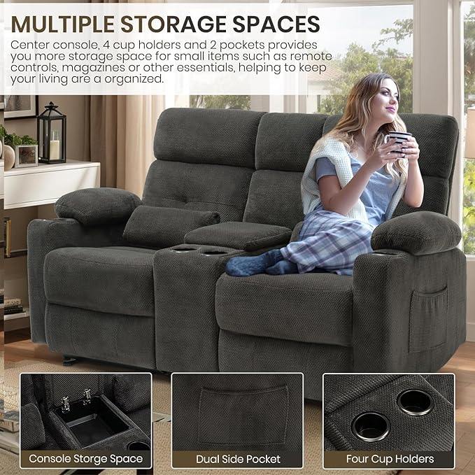 Power Reclining Loveseat with Console, Power Loveseat Recliner Sofa with Heat and Massage, Extended Footrest, Wall Hugger RV Reclining Couch with Cup Holders, Lumbar Support for Living Room
