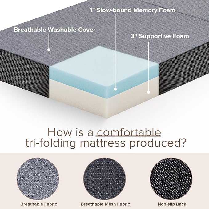 Vamcheer Tri Folding Mattress Queen Size - 4 Inch Foldable Mattress for Travel/RV/Camping/Guest Room/Yoga, 78"x58"x4" Tri-fold Memory Foam Cushion with Washable Cover
