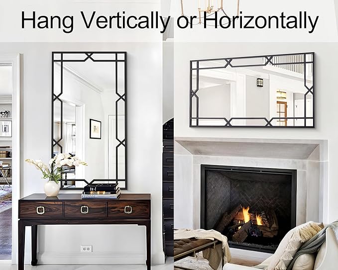 Chende Large Wall Mirror for Decor, 24''x47'' Black Decorative Mirror with Matte Black Metal Pipe Frame, Rectangular, Horizontal/Vertical, Living Room, Bathroom, Entrance