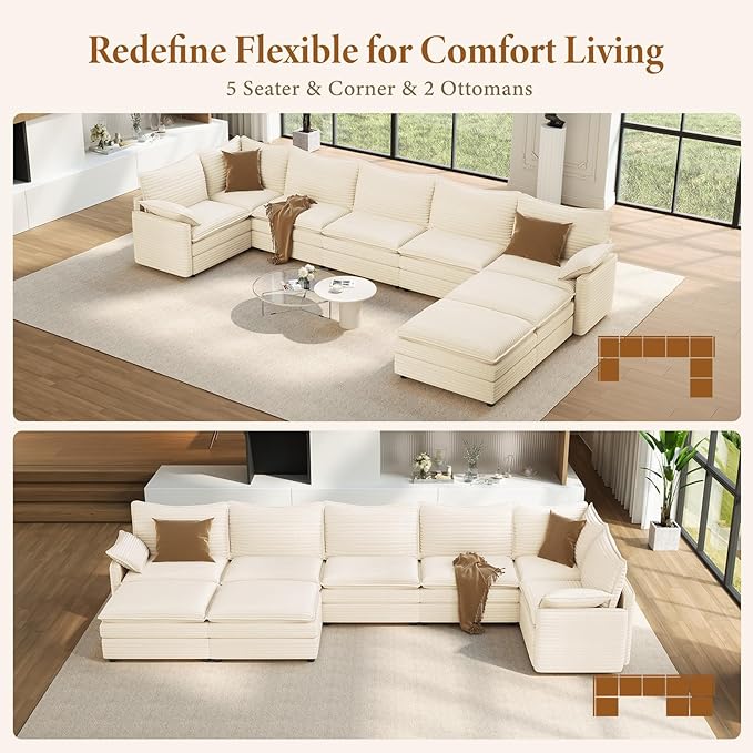 Vesgantti Large Modular Sectional Sofa, Big Comfy Cloud Couch with Ottoman Deep Seat Corduroy Cloud Sofa, 8 Seater Large Sectional Couches for Living Room, Bedroom and Apartment, Beige | Sink-in Comfort, Height Adjustable, Easy Rearrangement, Extra-dee...