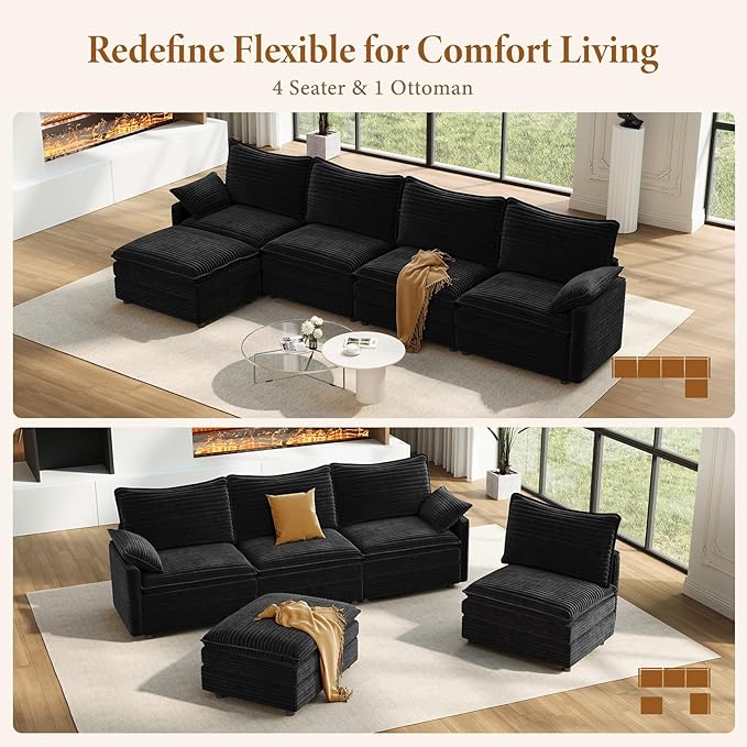 Vesgantti 142" Cloud Couch Sectional Modular Sofa, Comfy Sectional Couch with Ottoman Deep Seat Corduroy L Shaped Sofa, Modular Couches for Living Room, Bedroom and Apartment, Black | Sink-in Comfort, Height Adjustable, Easy Rearrangement, Extra-deep O...