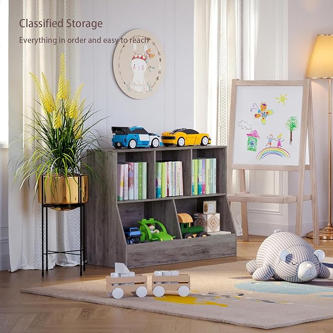 DINZI LVJ Toy Storage Organizer, Kids Bookshelf, Wood Toy Storage Cabinet, 5 Cubby Children Bookcase, 39.4" L Toddler Book Shelf for Playroom, Living Room, Nursery, Hallway, School, Gray Wash