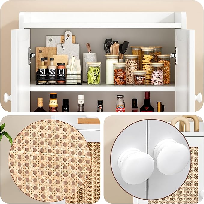 FONTOI Buffet Cabinet, Rattan Storage Cabinet with Round Pull Rings, Sideboard with Ample Storage, Bar Liquor Shelf with 2 Doors for Living Room, Hallway, White