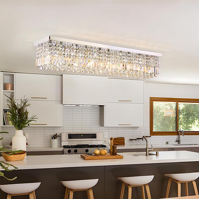 12-Lights Crystal Chandeliers Modern Crystal Rectangular Flush Mount Chandelier with Raindrop Crystals Pendant Light Fixture for Dining Dining Room Kitchen Dining Room Bedroom Bathroom Hotel