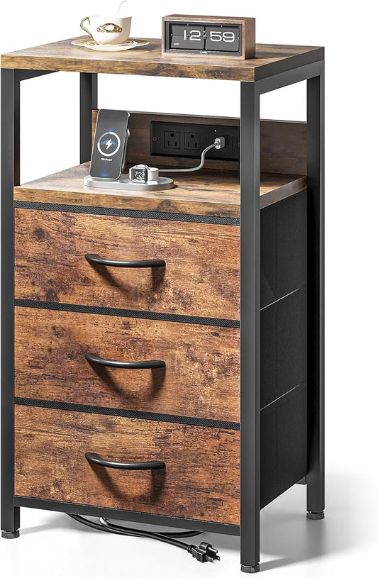 NightStand Bedside Charging Table Bedroom - Night Stand with Charger Station, Modern Nightstand with Open Shelf & 3 Fabric Drawers, Bed Side Table USB-C Port for Dorm Living Room