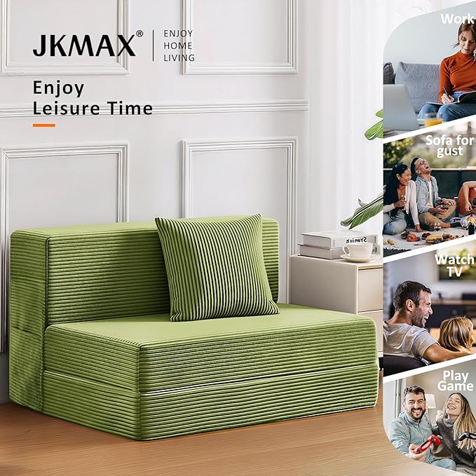 JKMAX Single Size Folding Sofa Bed - 4 in 1 Convertible Sleeper Chair - High Density Memory Foam Futon Couch - Foldable Bed for Living Room Bedroom (Green)