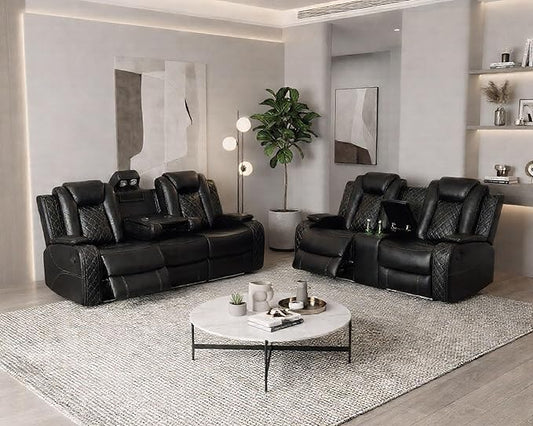 Power Recliner Sofa and Loveseat Set, Breathing Leather Living Room Set, 2 Piece Reclining Couch Set with LED Lighting/Cup Holders/Storage/USB Port (Black)