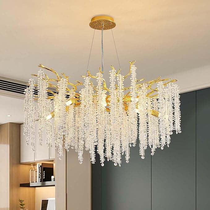 Modern Crystal Tree Branch Chandelier, Gold Round Art Deco Raindrop Lighting Fixture for Dining Room Bedroom Living Room 10 Lights D30''