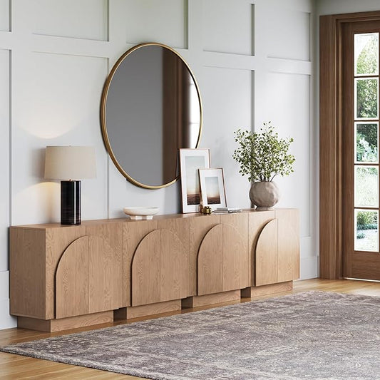 Nathan James Iris Mid-Century Modern Credenza, Brown TV Stand, Living Room Wood Storage Cabinet with Arched Cabinet Doors, Raw Oak, Set of 4