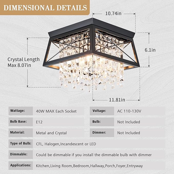 Crystal Flush Mount Ceiling Light, 11.8 inch 4-Light Black Farmhouse Lighting Metal Ceiling Light, Modern Trapezoid Hallway Light Fixtures Ceiling Mount for Bedroom Kitchen Laundry Entryway Foyer