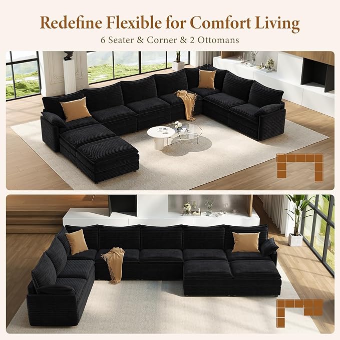 Vesgantti Large Modular Sectional Sofa, Big Comfy Cloud Couch with Ottoman Deep Seat Corduroy Cloud Sofa, 9 Seater Large Sectional Couches for Living Room, Bedroom and Apartment, Black | Sink-in Comfort, Height Adjustable, Easy Rearrangement, Extra-dee...
