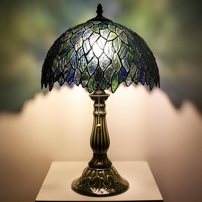 Tiffany Lamp Stained Glass Table Lamps Multicolor Leafage Style Desk Lamp 12X12X18.5 Inch Bronze Ceramic Base Reading Light Suitable for Bedside Bedroom Living Room Dining Room Office