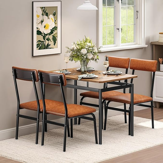 Garvee Dining Table Set for 4, 5 Piece Wooden Dining Table and Chairs, 4 PU Upholstered Chair, Modern Metal Frame Dinette Set for Dining Room, Home Dinner, Party, Apartment, Brown