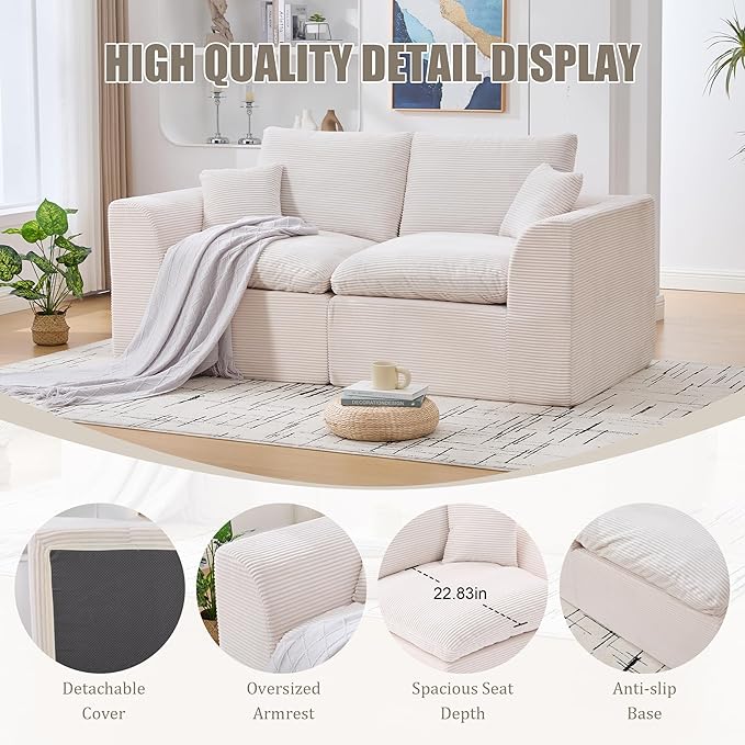 80.3" Cloud Loveseat Boneless Sofas for Living Room, 2 Seaters Modular Foam Cloud Sofa Couches, 2 Seat Compression Foam Couch with Toss Pillows, No Assembly Required