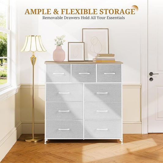 Dresser with 9 Drawers for Bedroom, Fabric Clothes Cabinet for Closet, Anti-Tip Storage Dresser with Metal Frame for Living Room, Entryway, Dorm, Light Grey
