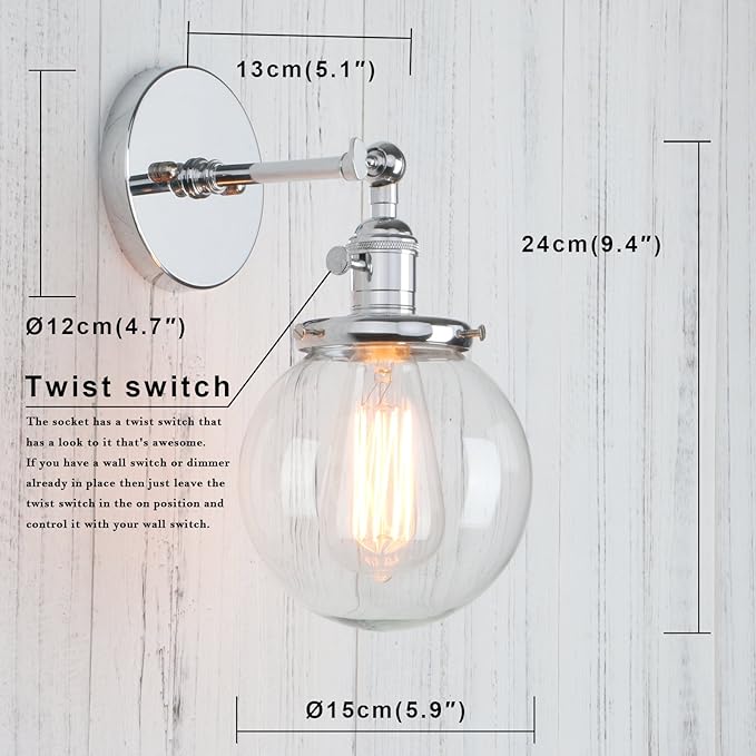 PERMO Vintage Industrial Wall Sconce Lighting Fixture with Mini 5.9" Round Clear Glass Globe Hand Blown Shade (Chrome)