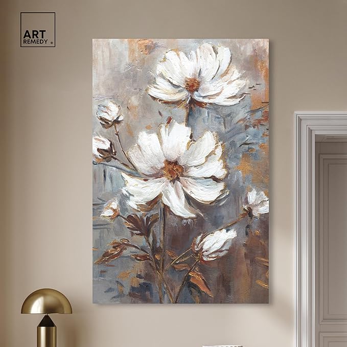 Art Remedy White Textured Flowers Canvas Elegant Floral Wall Art, Gallery Wrapped, 36" x 54"